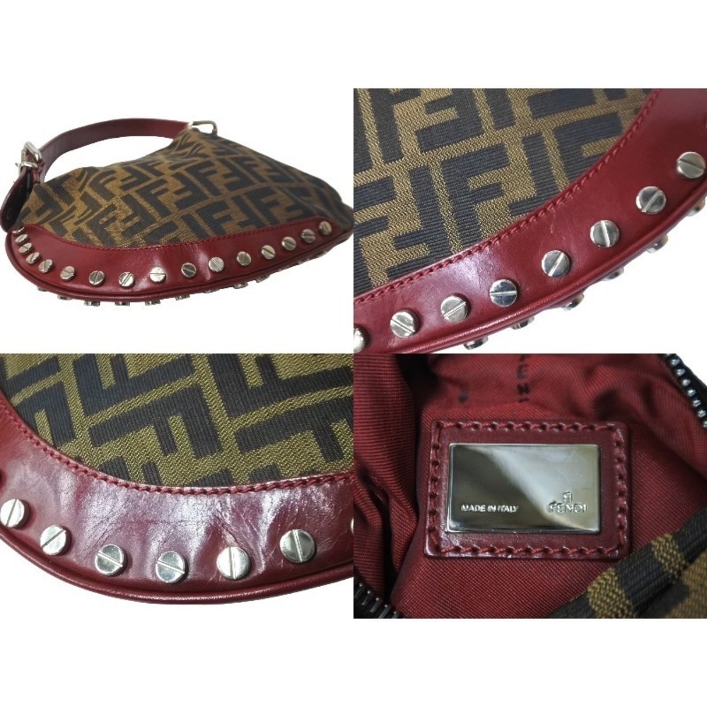 Fendi Zucca One Hobo Red Brown Studded Shoulder Bag Leather - Picture 9 of 10